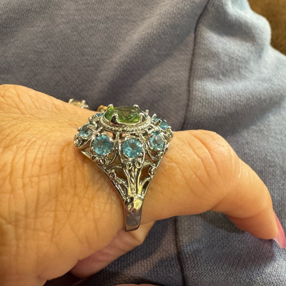 Silver Filigree Ring with Green Center and Blue Accents - Women Jewelry